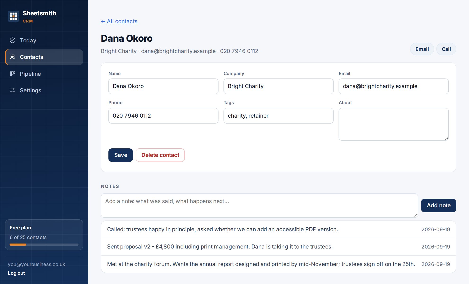 A contact's page with notes, follow-ups and deals