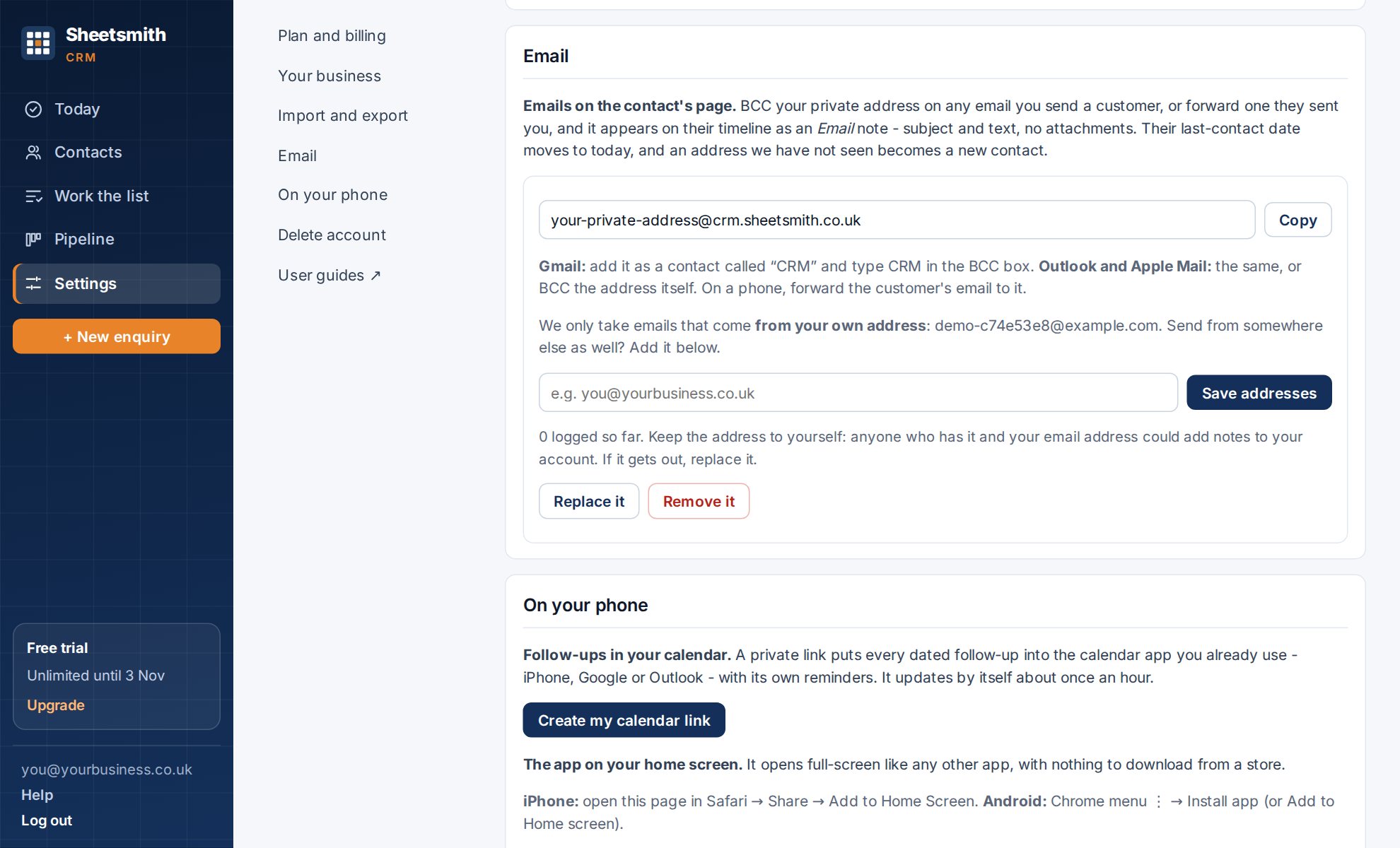 Settings → Email: your private email-in address