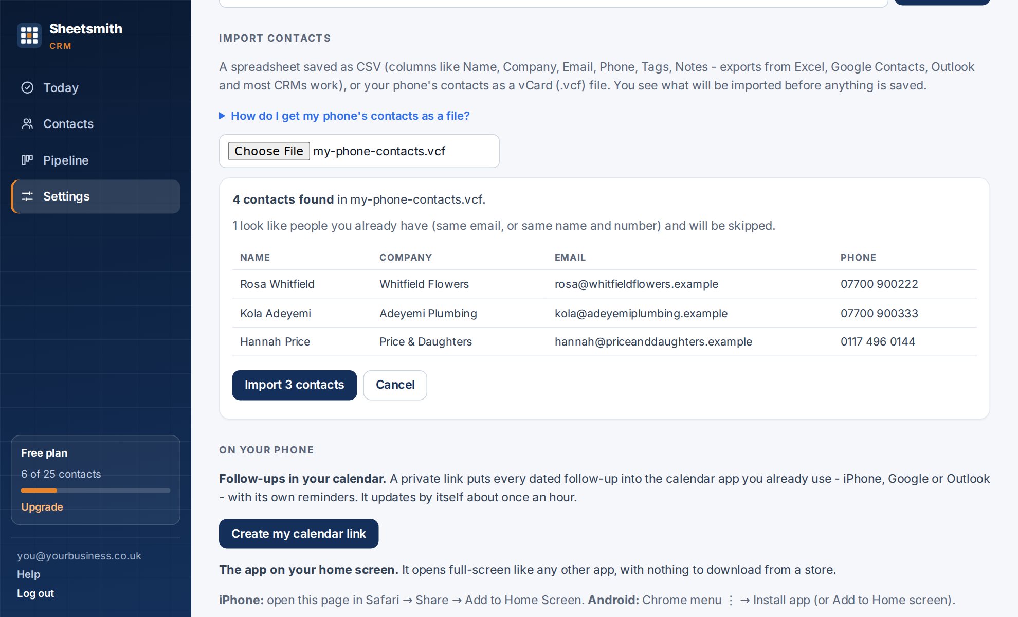 The import preview: what was found, which columns are used, who you already have